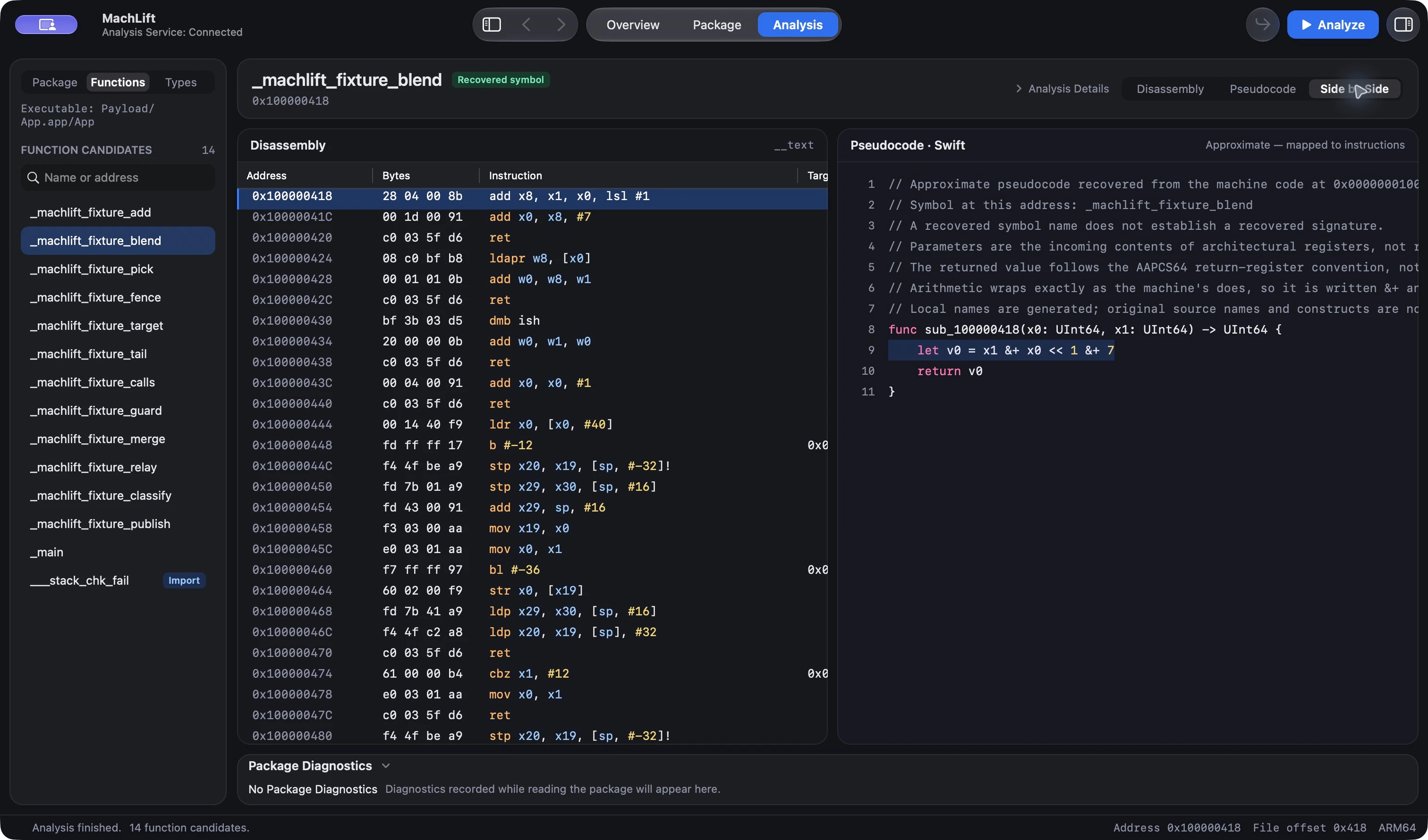 MachLift displaying ARM64 add instructions and approximate Swift-like pseudocode for the demo blend function side by side.