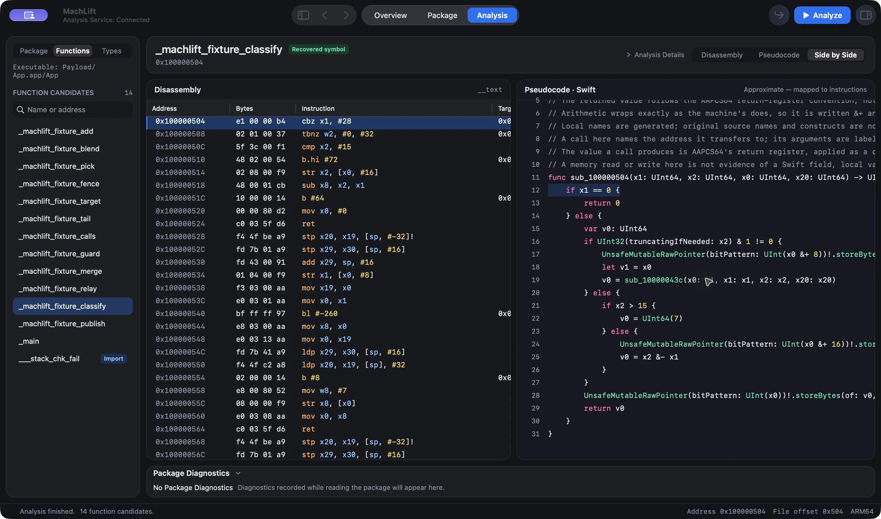 MachLift showing the classify demo’s ARM64 instructions and conditional pseudocode in the Side by Side view.
